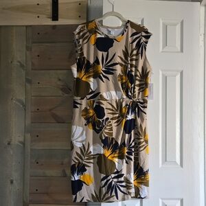 Liz Claiborne Beige Sleeveless Midi Dress with Navy & Mustard Floral Print